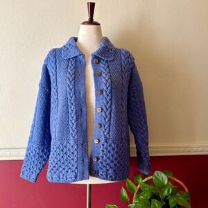 Vintage Honeycomb Aran Wool Cardigan XL Sweaters of Ireland Periwinkle Fisherman